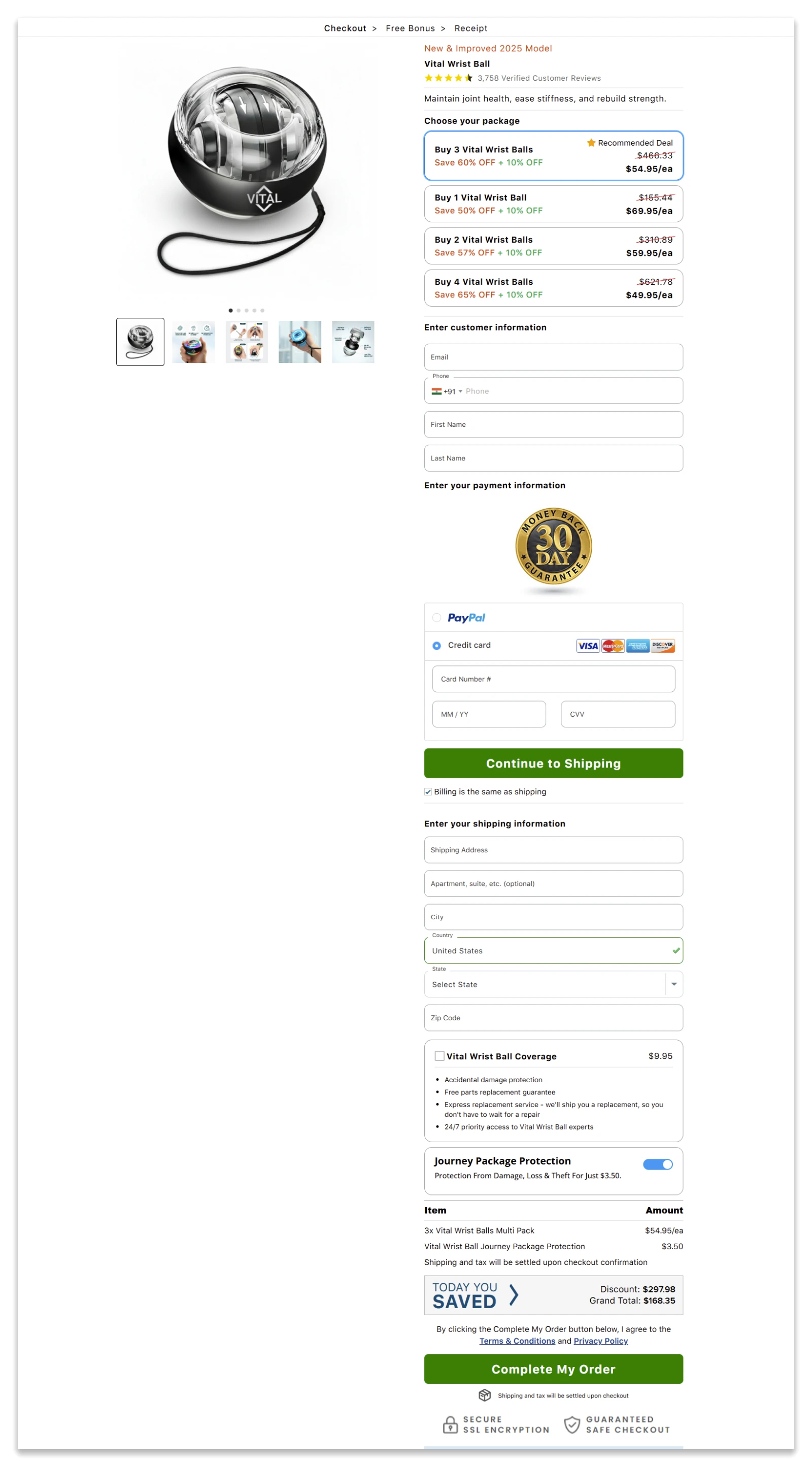Vital Wrist Ball checkout page
